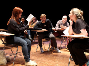 Theatre Northeast students read through the Gooney Bird Greene and Her True Life Adventures script during a recent practice for the upcoming play. The production will be the last children’s play directed by Doug Hoppock.